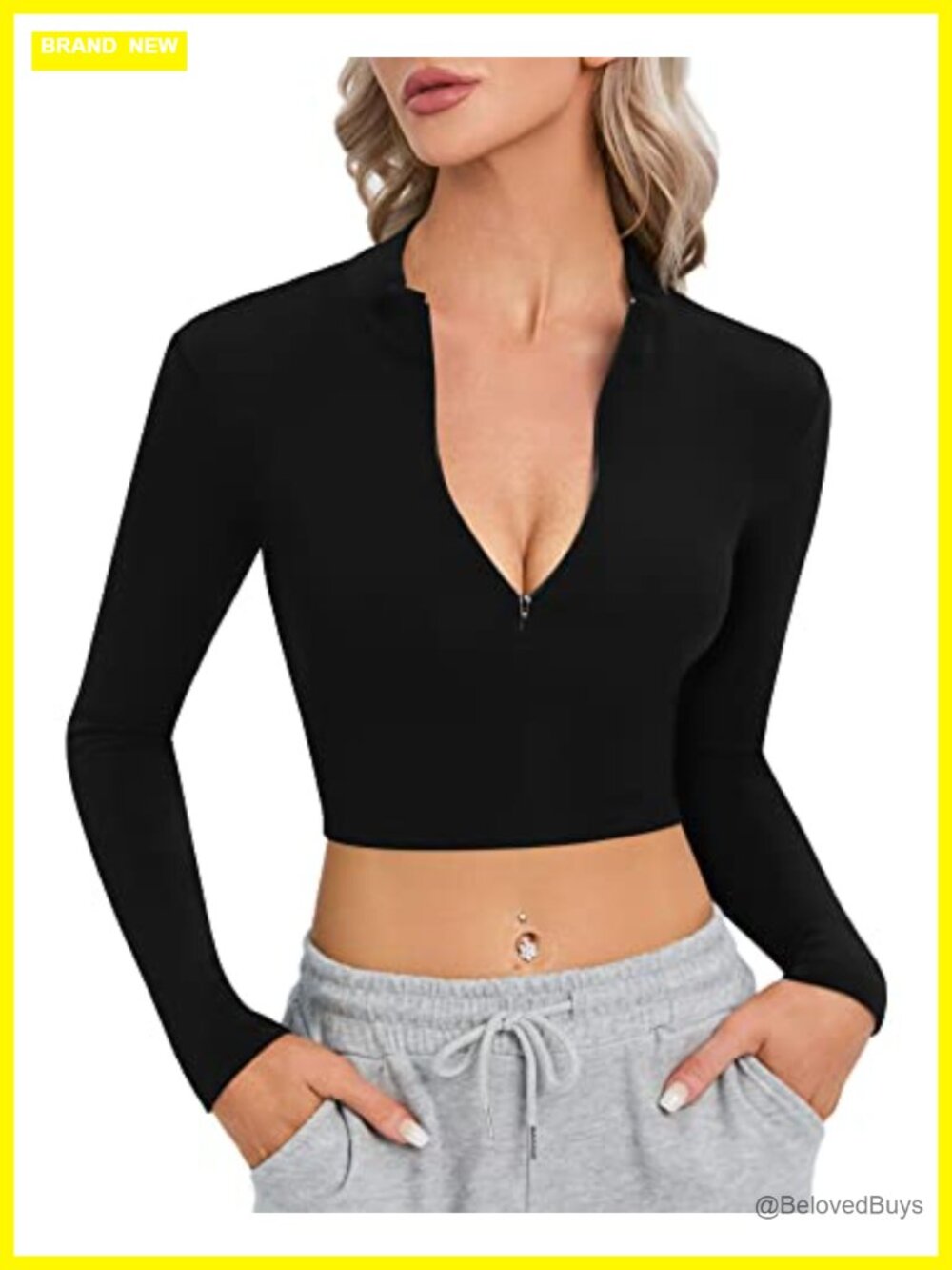 Long Sleeve Crop Top Mock Neck Zip Up Slim Fit Women's Trendy